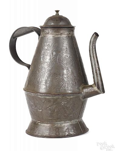 Berks County, Pennsylvania punched tin coffeepot, dated 1848
