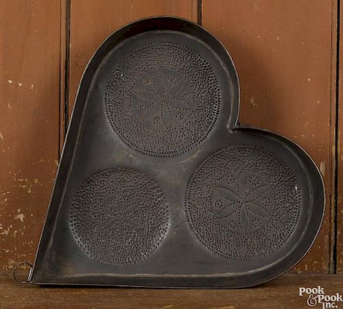 Large punched tin heart cheese strainer