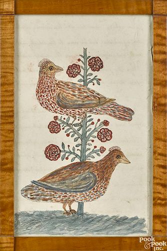 PA watercolor fraktur drawing of two birds