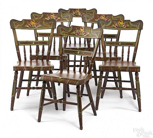 Set of six painted plank seat dining chairs