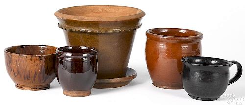 Five pieces of assorted redware