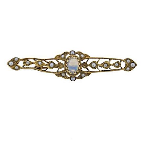 14k Gold Pearl Opal Brooch Pin
