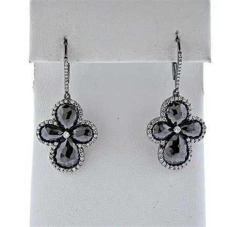 18k Gold Black White Diamond Flower Earrings