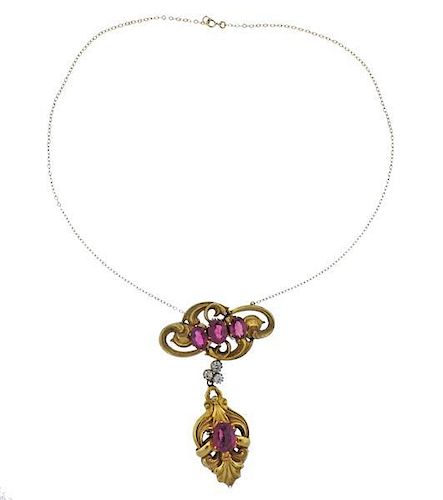 Antique 14k Gold Diamond Red Stone Pendant Necklace