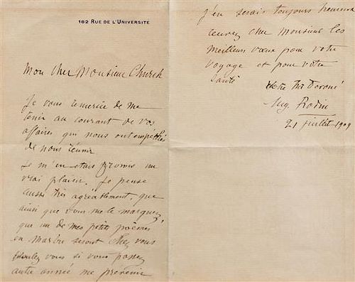 RODIN, Auguste (1840-1917). Autographed letter signed ("Aug. Rodin"), in French, to Monsieur Church, [Paris], 21 July 1909.