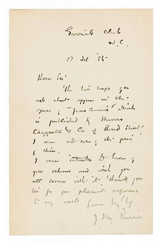 * BARRIE, James Matthew, Sir. Autographed letter signed ("J.M. Barrie"), to an unnamed recipient, Garrick Club, London, 17 Fe