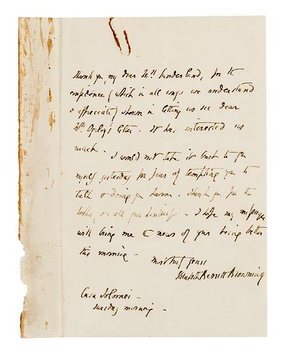 * BROWNING, Elizabeth Barrett. Autographed letter signed ("Elizabeth Barrett Browning"), to Mrs. Sunderland, Casa Solomei [It