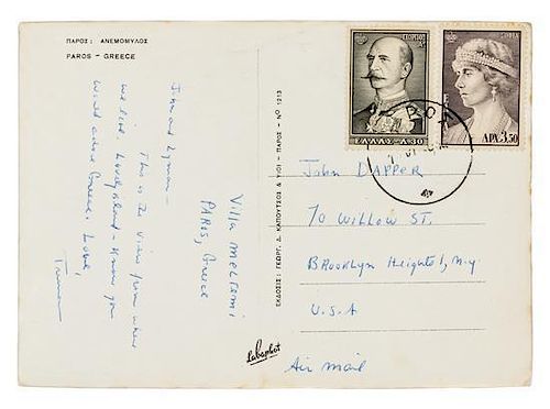 * CAPOTE, Truman. Autographed letter signed ("Truman") to John [Drapper] and Lyman, Villa Meltemi, Patros Greece, n.d. [ca 19