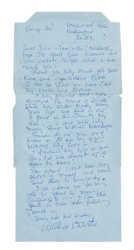 * CHRISTIE, Agatha. Autographed letter signed ("Agatha Christie"), Winterbrook House, Wallingford, Berkshire, 20 August 1972.