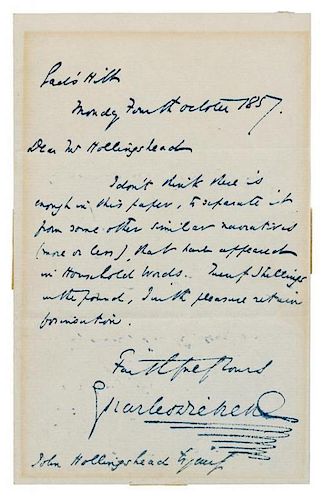 * DICKENS, Charles (1812-1870). Autograph letter signed ("Charles Dickens"), to John Hollingshead. Gad's Hill, 4 October 1857