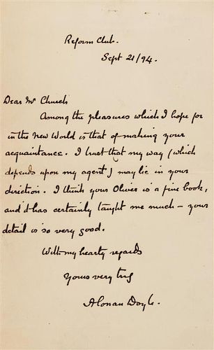 * DOYLE, Arthur Conan (1859-1930). Autograph letter signed ("A Conan"), to Mr. Church. Reform Club, 21 September 1894.