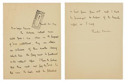 * DREISER, Theodore (1871-1945). Autograph letter signed ("Theodore Dreiser"), to Alice Kauser. New York, 26 March 1919.