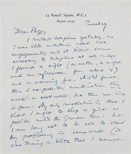 * ELIOT, Thomas Stearns. Autographed letter signed ("Tom"), London, Tuesday n.d., but envelope postmarked 21 September 1949].