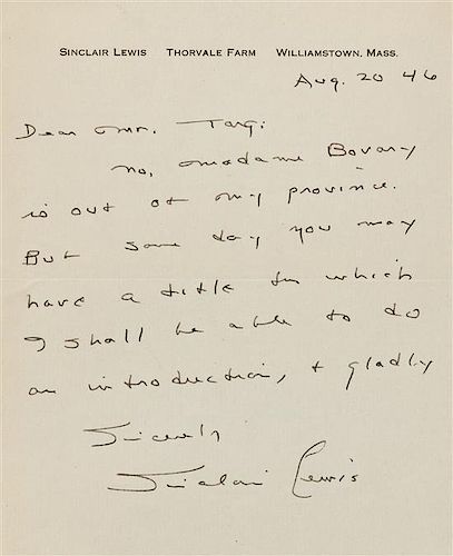* LEWIS, Sinclair. Autographed letter signed ("Sinclair Lewis"), to publisher and editor William Targ, Williamstown, Massachu