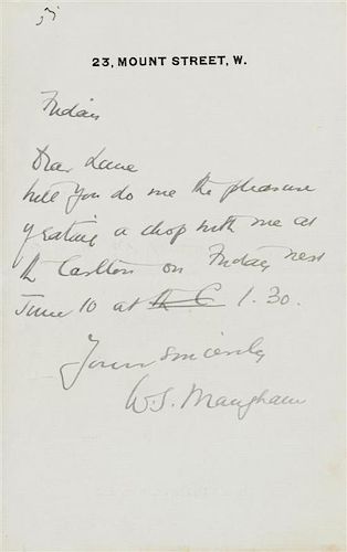 * MAUGHAM, W. Somerset. Autographed letter signed ("W.S. Maugham"), to Lane [art collector Sir Hugh Lane], London, n.d. [ca J