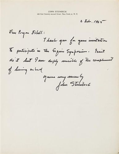 * STEINBECK, John (1902-1968). Autograph letter signed ("John Steinbeck"), to Bryan Dobell. New York, NY, 2 February 1965.
