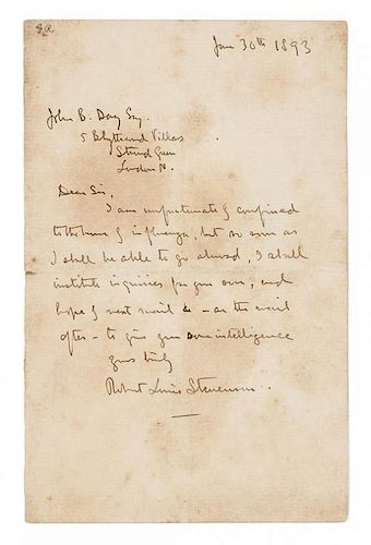 * STEVENSON, Robert Louis. Autographed letter signed ("Robert Louis Stevenson"), to his publisher John B. Day, London, 30 Jun