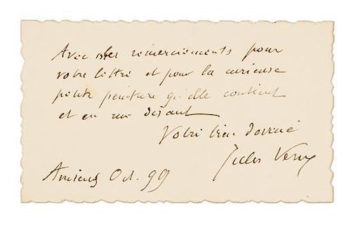 * VERNE, Jules (1828-1905). Autograph note signed ("Jules Verne"), in French. Amiens, October 1899.