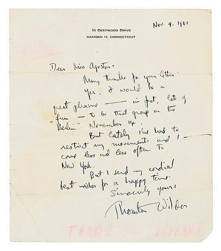 * WILDER, Thornton (1897-1975). Autograph letter signed ("Thornton Wilder"), to Miss Agoston. Hamden, Connecticut, 9 November