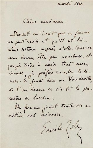* ZOLA, Emile (1840-1902). Autograph letter signed ("Emile Zola"), to an unnamed recipient. N.p., "Tuesday Evening" (n.d.).