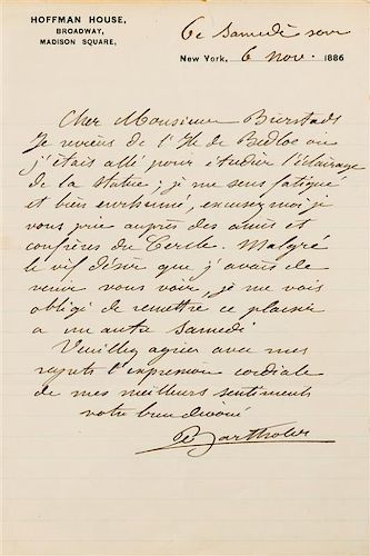 * BARTHOLDI, Frederic Auguste. Autographed letter signed ("Bartholdi"), in French, to German-American artist Albert Bierstadt