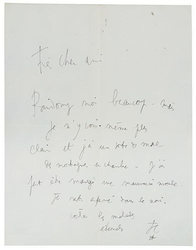 * COCTEAU, Jean. Autographed letter signed ("J.C."), to Manuel Gasser, n.p., n.d. [postmarked Milly la foret, 18 January 1962