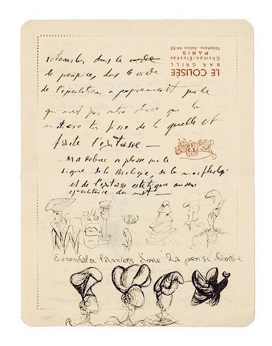 * DALI, Salvador (1904-1989). Autograph manuscript signed ("Salvador Dali"), in French, to an unnamed recipient, n.p., n.d.