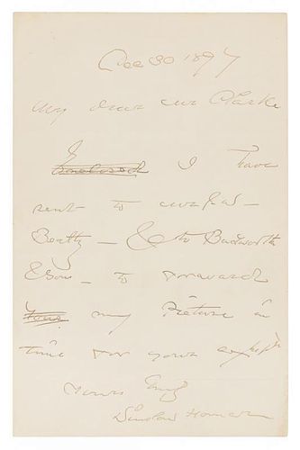 * HOMER, Winslow (1836-1910). Autograph letter signed ("Winslow Homer"), to Thomas B. Clarke. N.p., 30 December 1897.