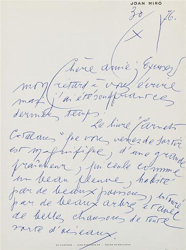 * MIRO, Joan (1893-1983). Autograph letter signed ("Miro"), to publisher Rosabianca Skira. Geneva, 30 October 1976.