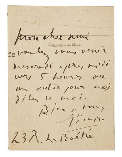 * PICASSO, Pablo (1881-1973). Autograph note on a postcard signed ("Picasso"), in French, to an unnamed recipient. Paris, n.d