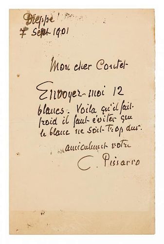 * PISSARRO, Camille (1860-1903). Autograph letter signed ("C. Pissarro"), in French, to Coutel. Dieppe, 7 September 1901.