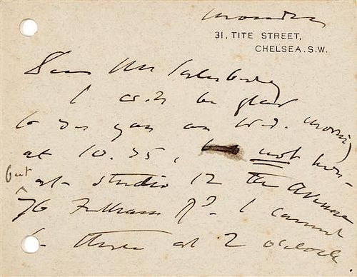 * SARGENT, John Singer. Autographed letter signed ("John S Sargent"), to Mr. Salisbury, London, Monday (n.d., but 1885 or lat