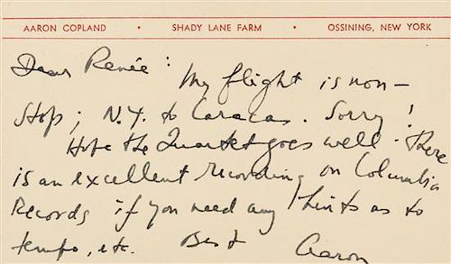 * COPLAND, Aaron (1900-1990). Autograph note signed ("Aaron"), to Ren-e. Ossining, New York, n.d. [27 November 1954].