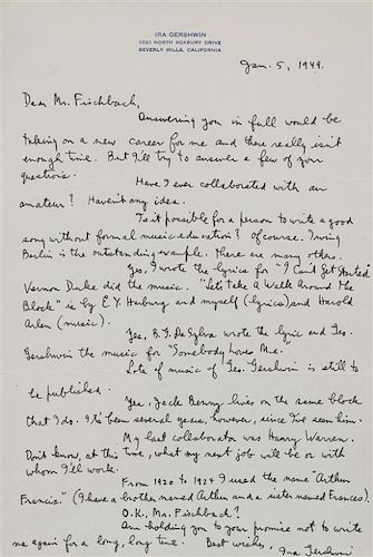 * GERSHWIN, Ira (1896-1983). Autograph letter signed ("Ira Gershwin"), to John Fischbach. Beverly Hills, CA, 5 January 1949.