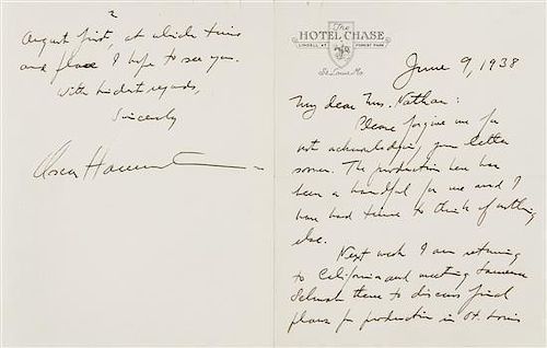 * HAMMERSTEIN, Oscar II (1895-1960). Autograph letter signed ("Oscar Hammerstein"), to Mrs. Nathan. St. Louis, 9 June 1938.