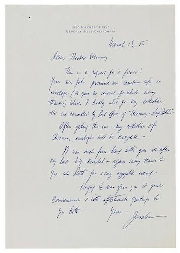 * HEIFETZ, Jascha (1901-1987). Autograph letter signed ("Jascha"), to Theodore Steinway. Beverly Hills, 13 March 1955.