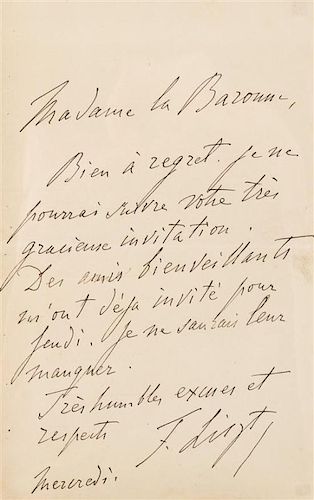 * LISZT, Franz (1811-1886). Autograph letter signed ("F. Liszt"), to Madame la Baronne. N.p., n.d.