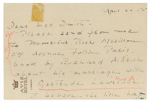* PORTER, Cole (1891-1964). Autograph letter signed ("C.P."), to Mrs. Smith, [Lisbon], 20 April 1955.