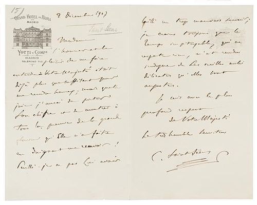 * SAINT-SAENS, Camille. Autographed letter signed ("C. Saint-Saens"), in French, to an unnamed recipient, Madrid, 2 December 
