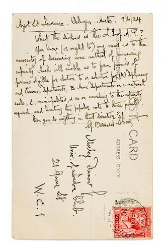 * SHAW, George Bernard (1856-1950). Autograph letter signed ("G. Bernard Shaw"), to Morley Dainow Jr. St. Lawrence, 6 Septemb