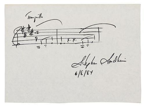 * SONDHEIM, Stephen (b. 1930). Autograph musical quotation signed ("Stephen Sondheim"), n.p., 8 June 1984.