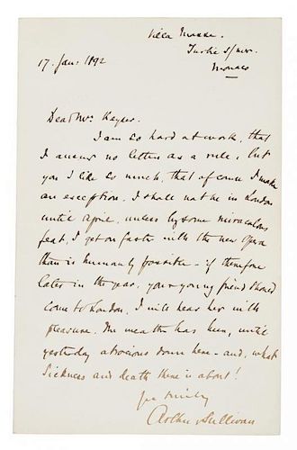 * SULLIVAN, Arthur, Sir (1842-1900). Autograph letter signed ("Arthur Sullivan"), to Mr. Keynes, Monaco. 17 January 1892.