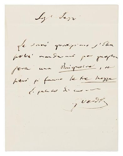 * VERDI, Giuseppe (1813-1901). Autograph letter signed ("G. Verdi"), in Italian, to Signora [Esther?] Sezzi. [Paris], n.d. [c