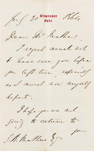 * DISRAELI, Benjamin. Autographed letter signed ("B. Disraeli"), leader of the Conservative opposition in the House of Common