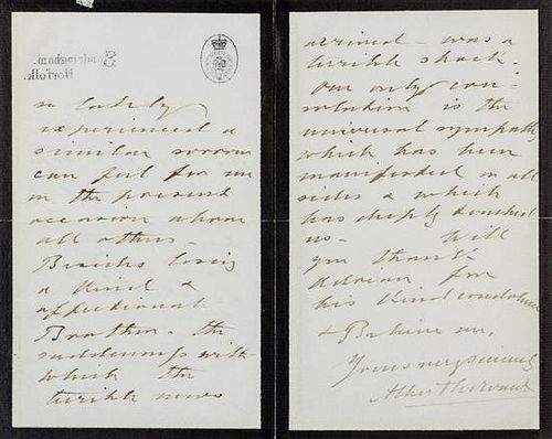 * EDWARD VII, King of England. Autographed letter signed ("Albert Edward"), as Prince of Wales, to Mrs. Hope, Sandringham, No