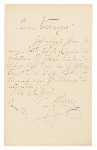 * FERDINAND, Franz, Archduke (1863-1914). Autograph letter signed ("Franz"), in pencil, in Hungarian, to Velicogna. Cannes, 2