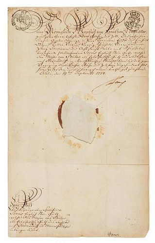 * FREDERICH II, King of Prussia (1712-1786). Manuscript signed ("Frch"), in German. Berlin, 19 September 1774.
