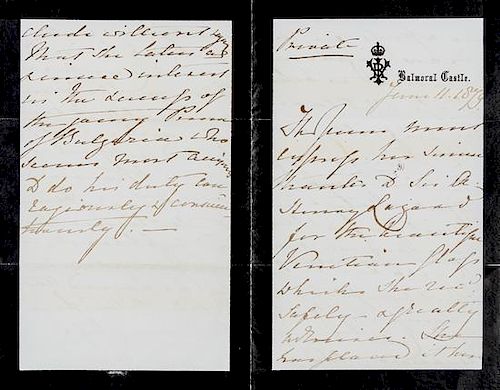 * VICTORIA, Queen of England. Autographed letter written in the third person ("The Queen", four times), Balmoral Castle, 11 J