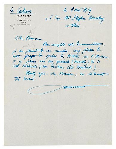 * LE CORBUSIER, Charles -douard Jenneret. Autographed letter signed ("Le Corbusier"), to Mr. Srefan Osusky, Paris, 8 May