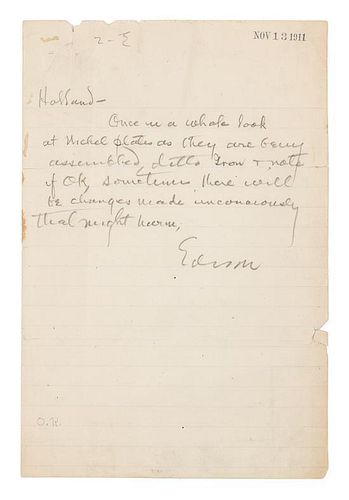 * EDISON, Thomas (1847-1931). Autograph note signed ("Edison"), to Holland. N.p., 13 November 1911.